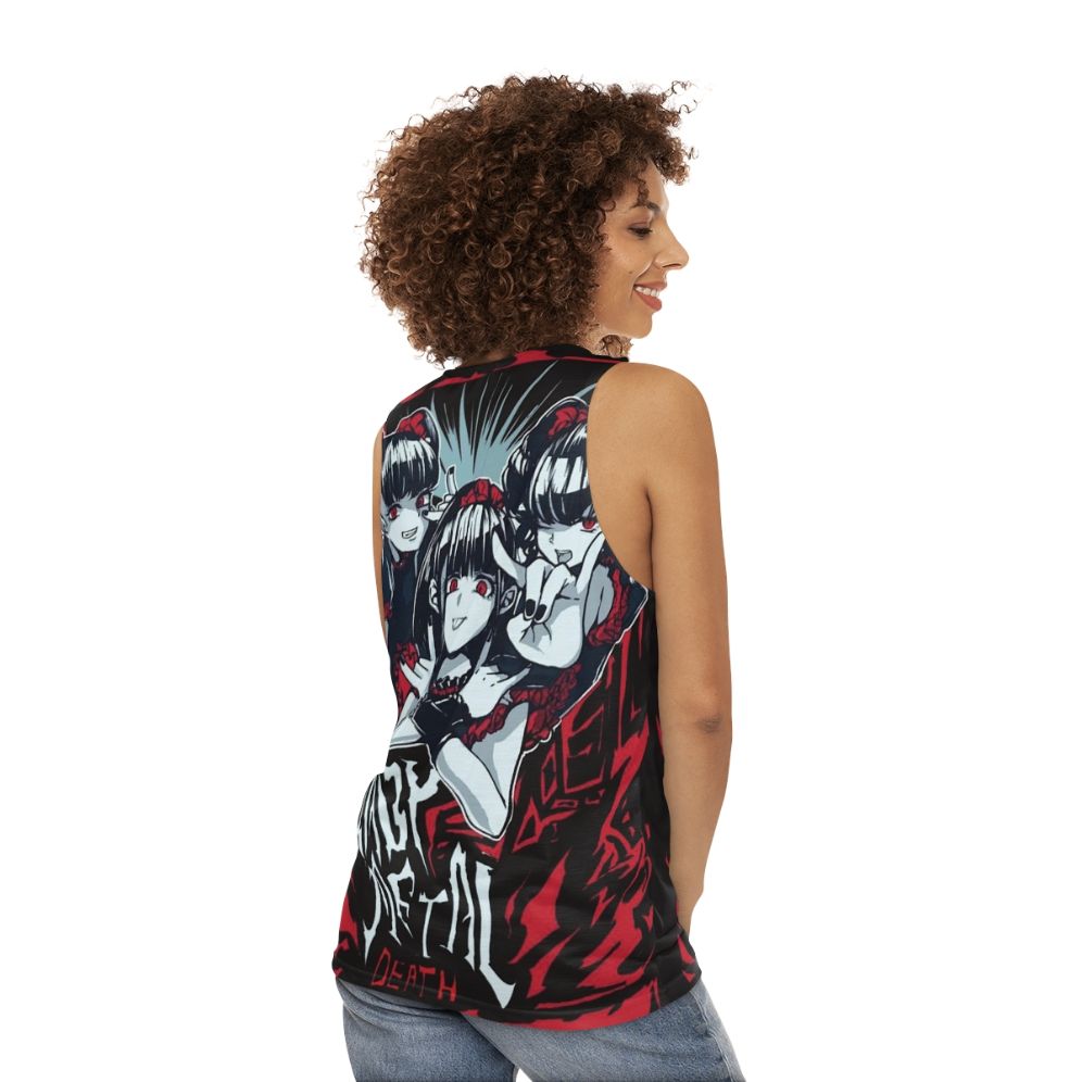 Babymetal inspired unisex tank top featuring kawaii anime and heavy metal graphic - women back