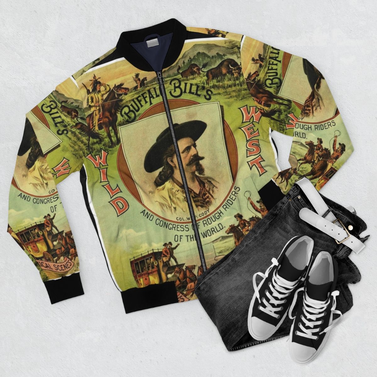 Vintage buffalo bill wild west show bomber jacket with retro graphics - Flat lay