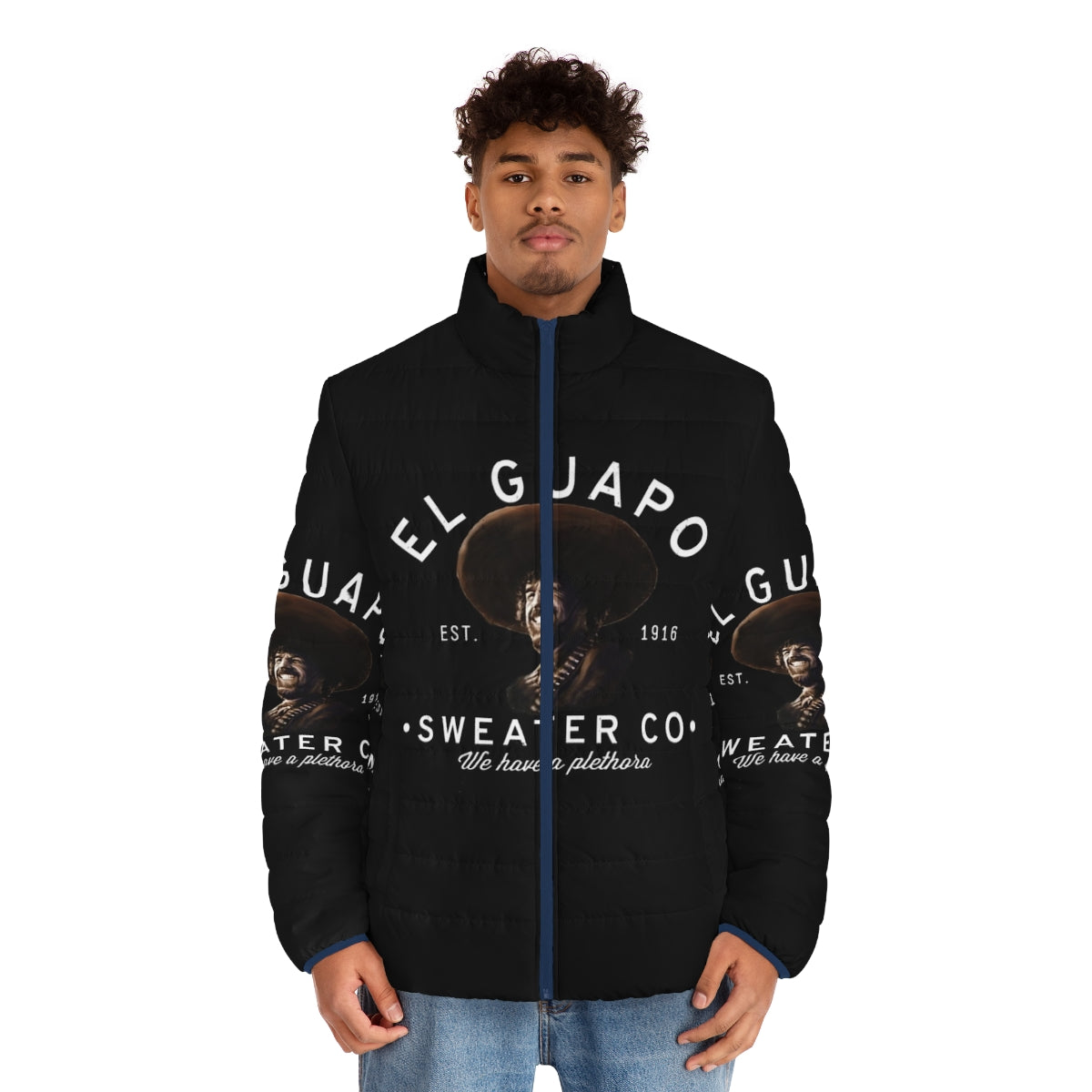 Retro El Guapo Sweater Co puffer jacket with Three Amigos inspired design - men front