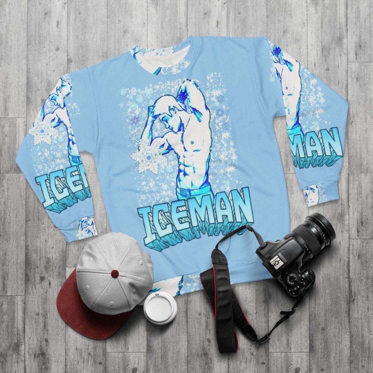 Iceman superhero sweatshirt featuring the X-Men character - flat lay