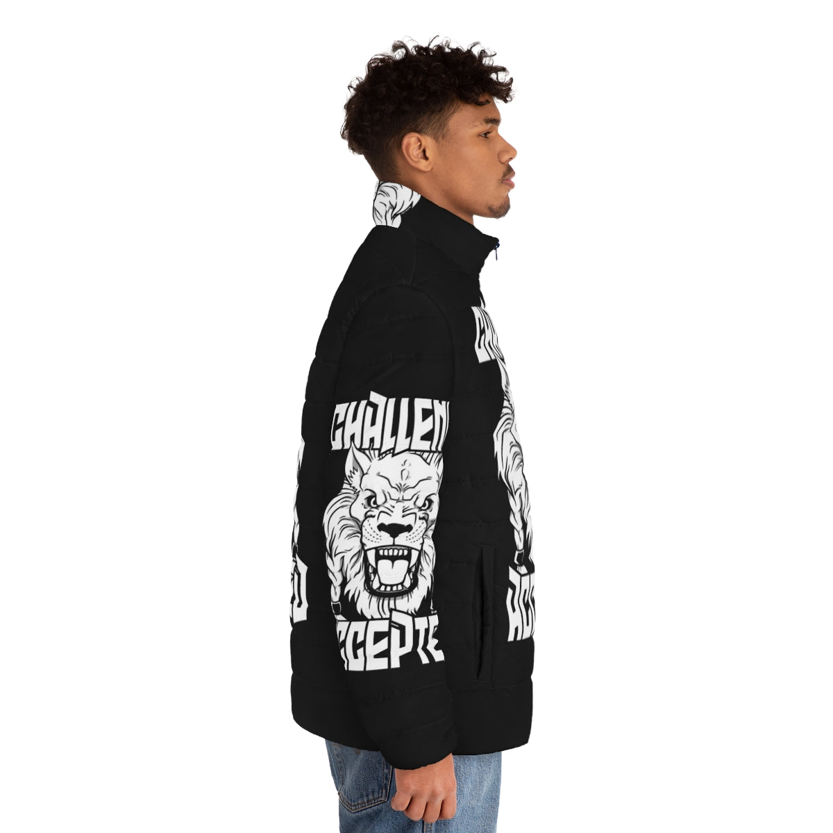 Battle Beast Puffer Jacket featuring a fierce white lion-like monster design - men side right