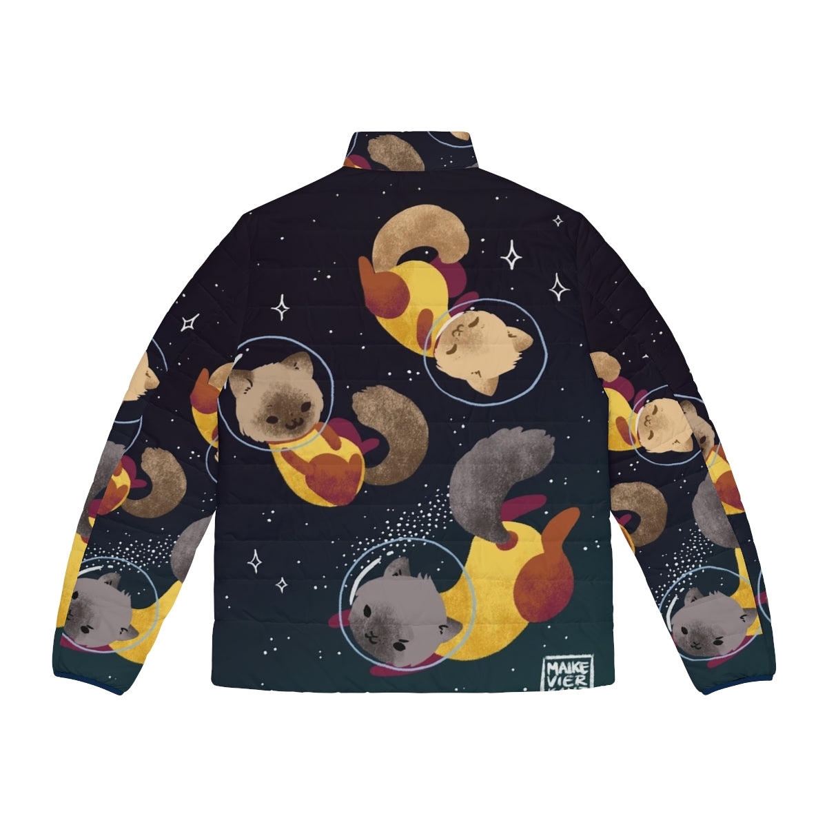 Space Cats Puffer Jacket featuring a digital illustration of adorable cats in a cosmic setting - Back