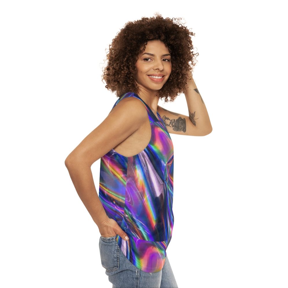 Holographic unisex tank top with iridescent, color-shifting material - women side