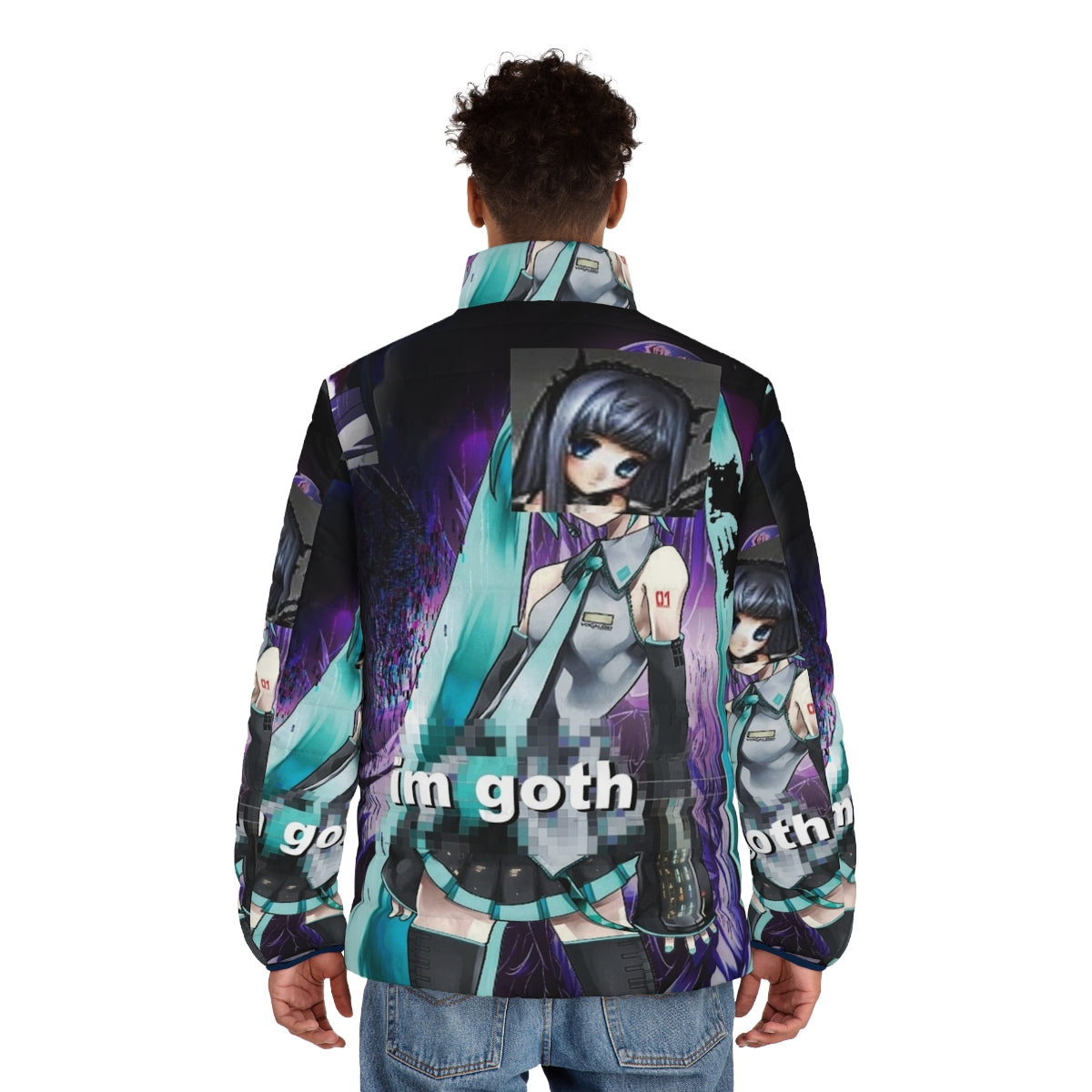 Goth-inspired puffer jacket with anime-style graphics and Omocat brand elements - men back