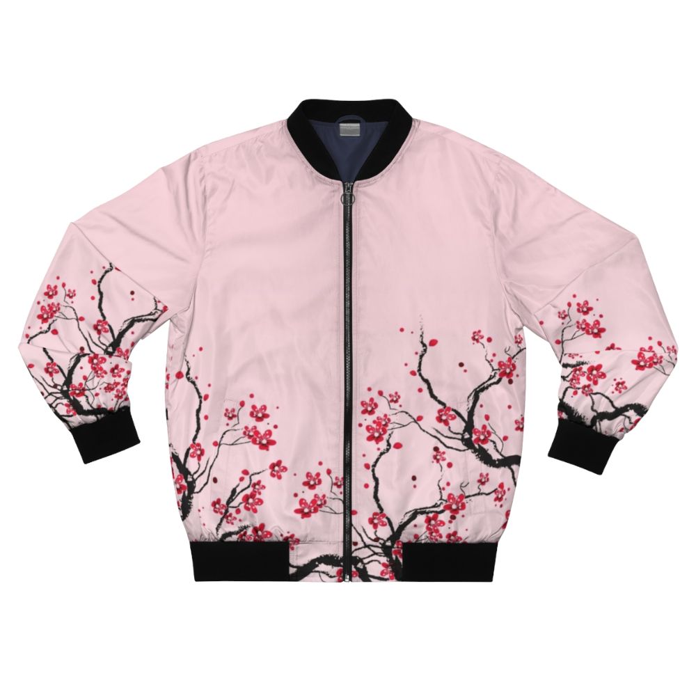 A stylish bomber jacket featuring a delicate cherry blossom floral design