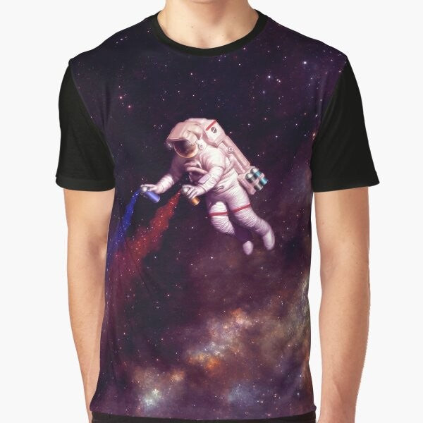 Astronaut wearing a colorful galaxy and spray paint graphic t-shirt design