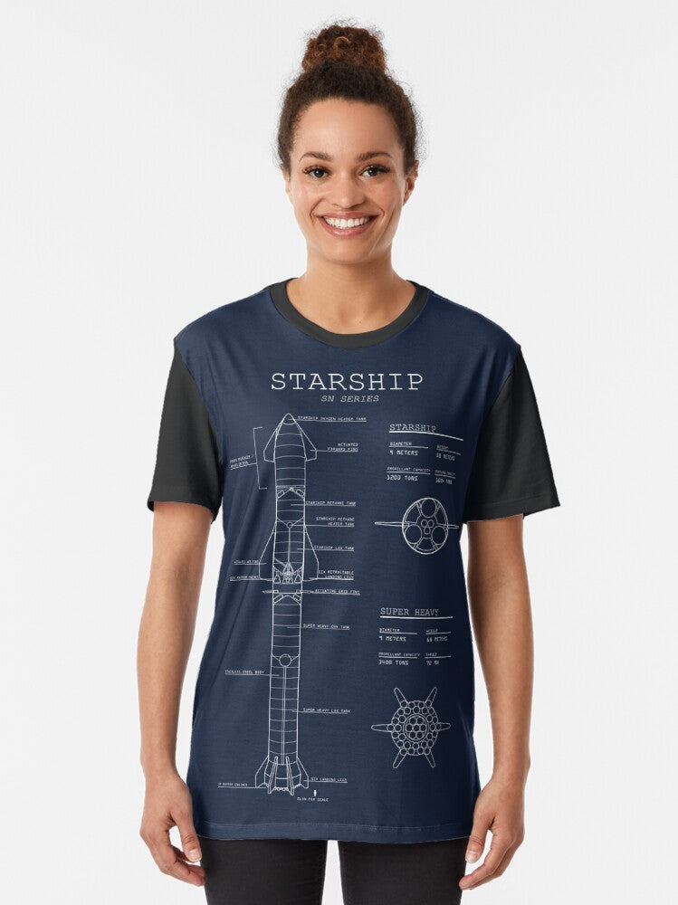 Detailed blueprint graphic design of the SpaceX Starship rocket on a t-shirt - Women