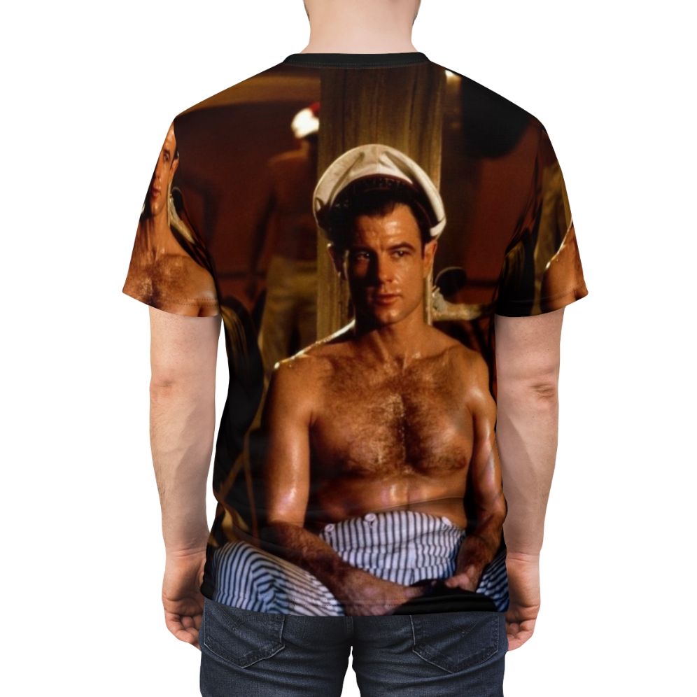 Vintage-style t-shirt featuring Brad Davis from the film Querelle, with a shirtless, hairy-chested, sexy sailor design. - men back