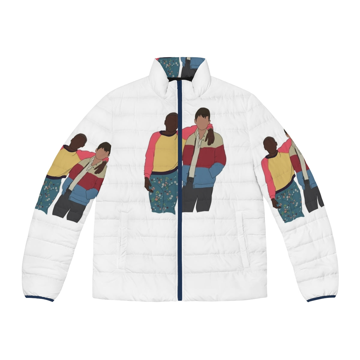 Vibrant illustration of Otis, Eric, and Maeve from the Netflix series Sex Education featured on a puffer jacket