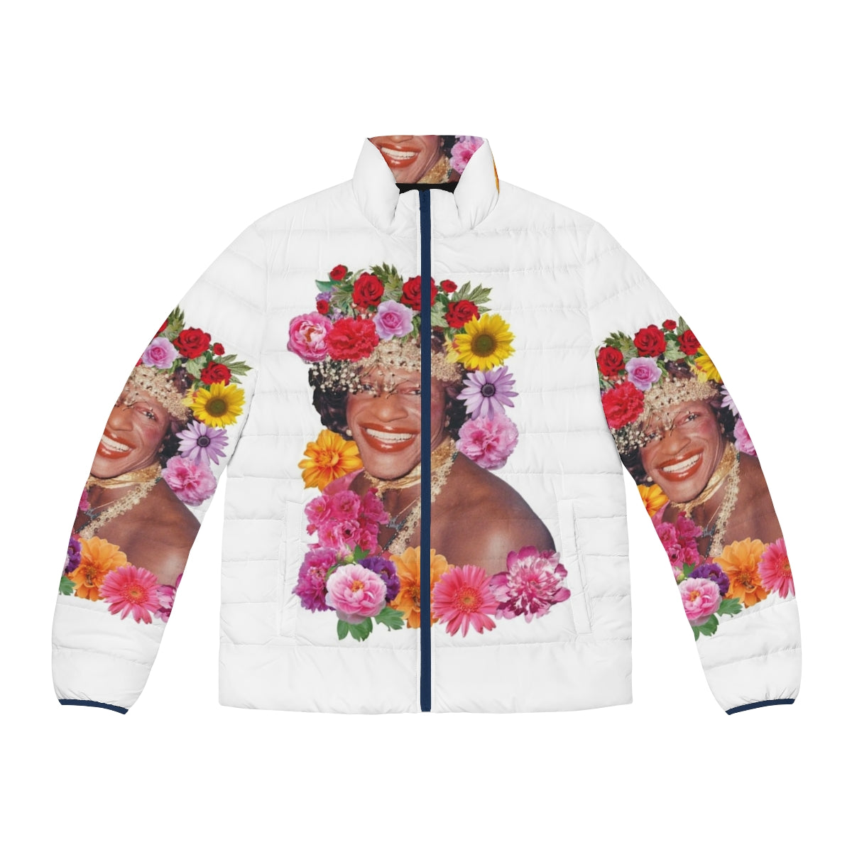 Flowerful Marsha P. Johnson inspired puffer jacket with flower power design