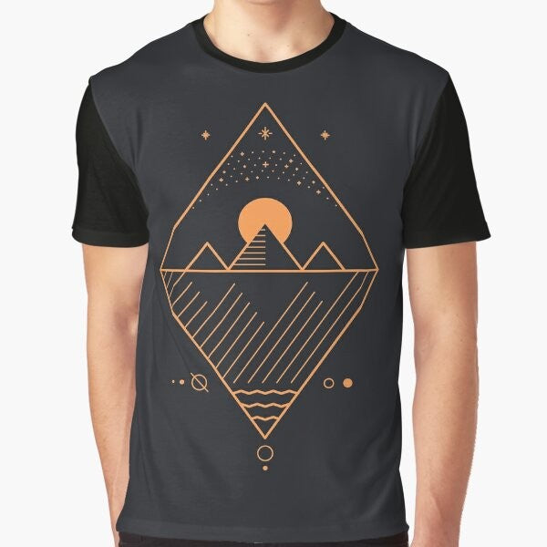 Osiris minimalist graphic t-shirt with line art design of stars, pyramids, and geometric shapes