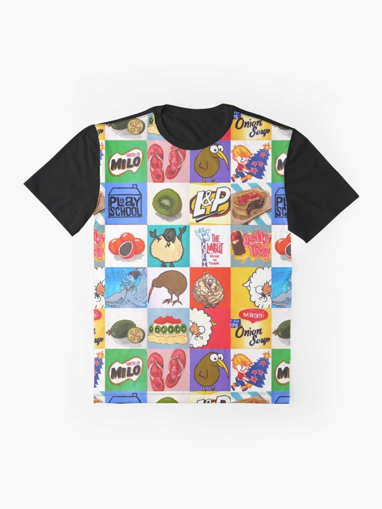 Kiwiana food and drink icons collage graphic design on a t-shirt - Flat lay