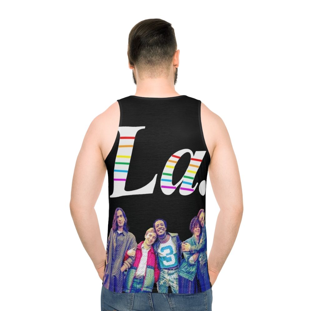 Colorful unisex tank top featuring "It's a Sin" design - men back