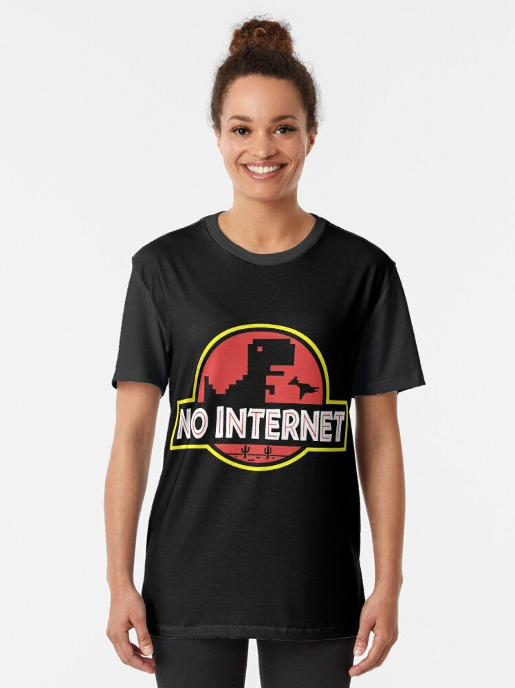 Graphic t-shirt featuring the Jurassic Park logo and a pixel dinosaur in a "no internet" offline game style - Women