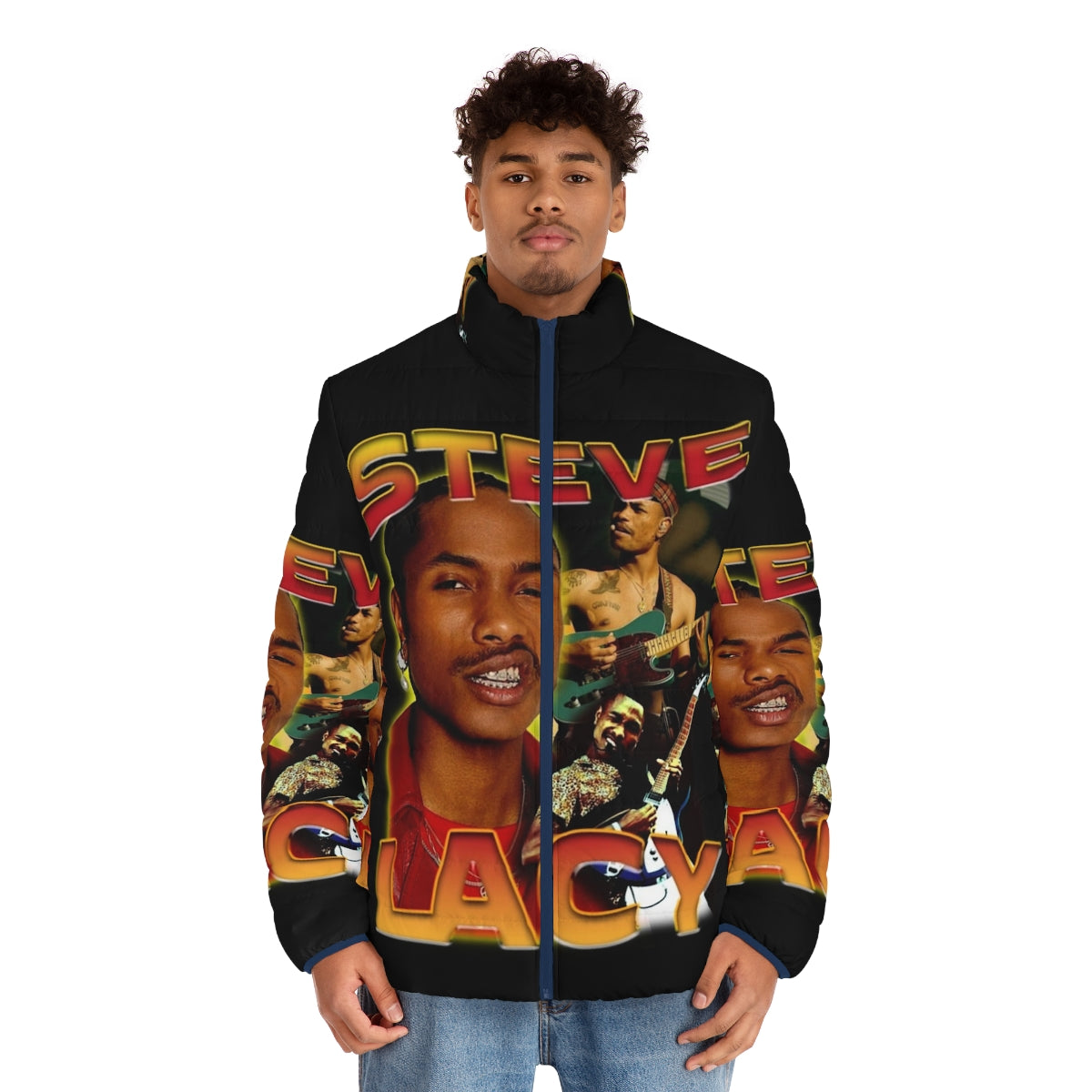 Steve Lacy inspired bootleg puffer jacket with vintage hip hop and R&B style - men front