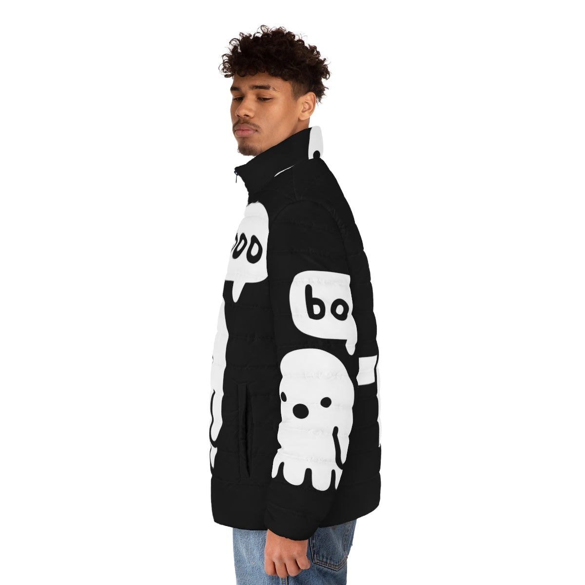 Spooky ghost puffer jacket with a disapproving design - men side left