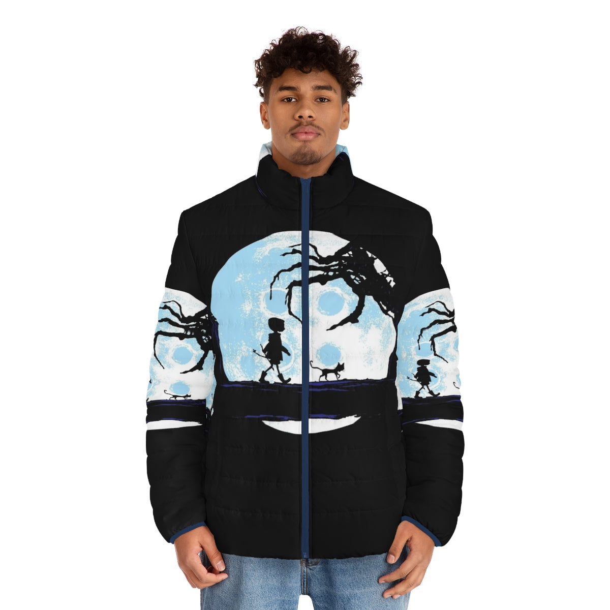 A stylish puffer jacket with a moon and astronaut design, perfect for space enthusiasts - men front