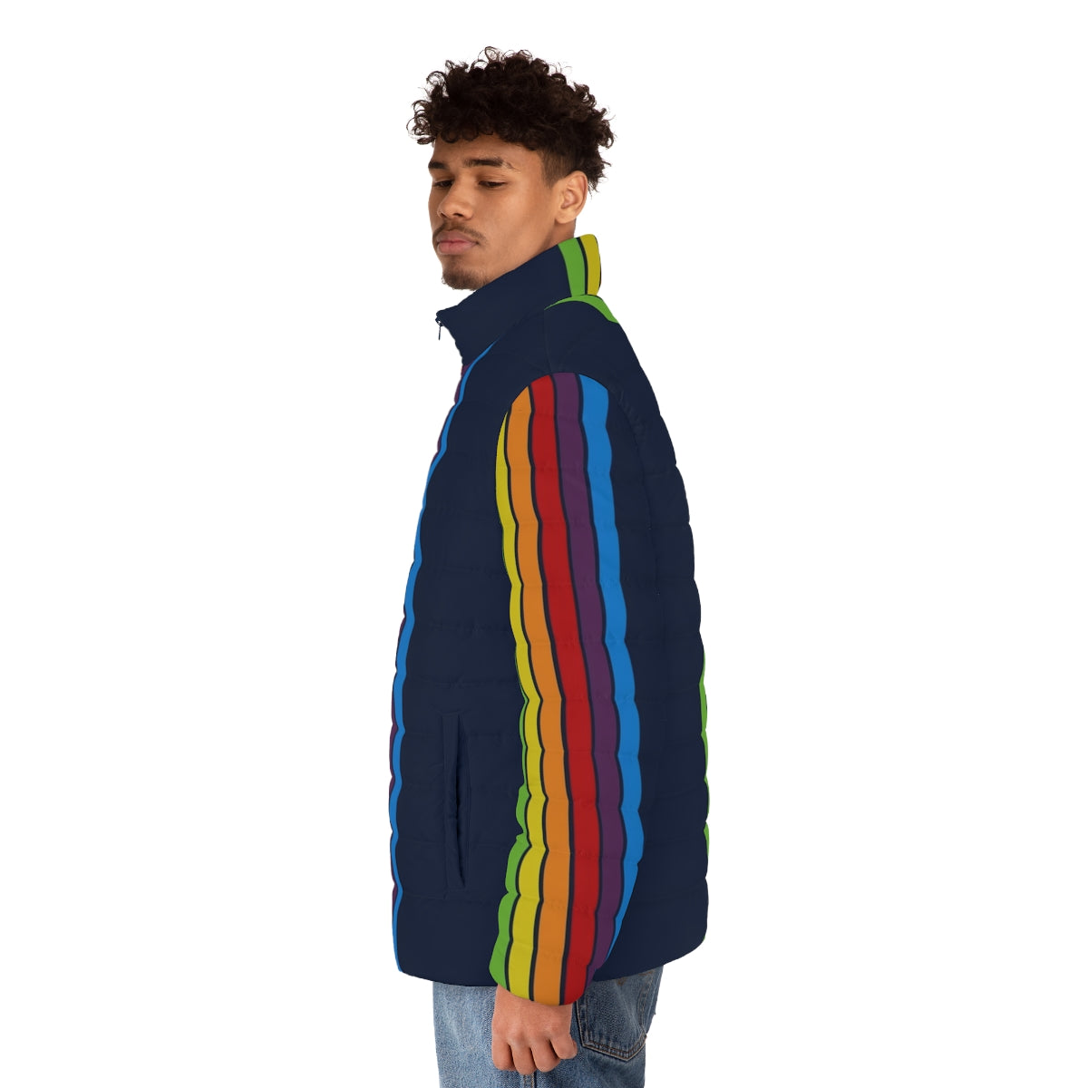 Retro vertical puffer jacket in pacific blue color with stripes and technology-inspired design - men side left