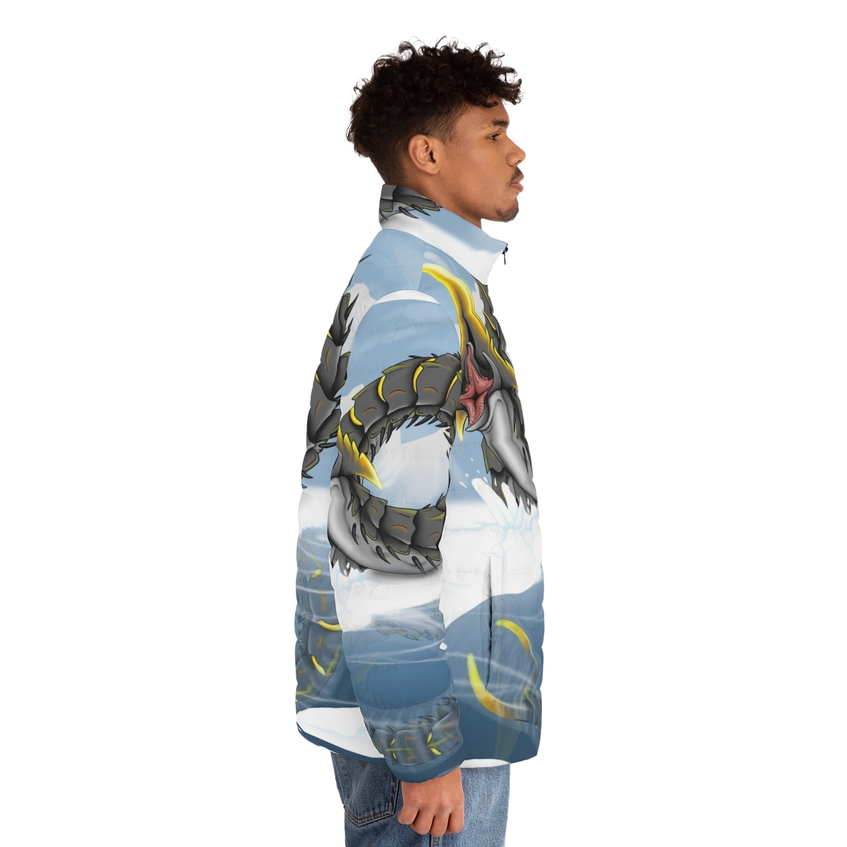 Subnautica inspired puffer jacket featuring an ice worm design - men side right