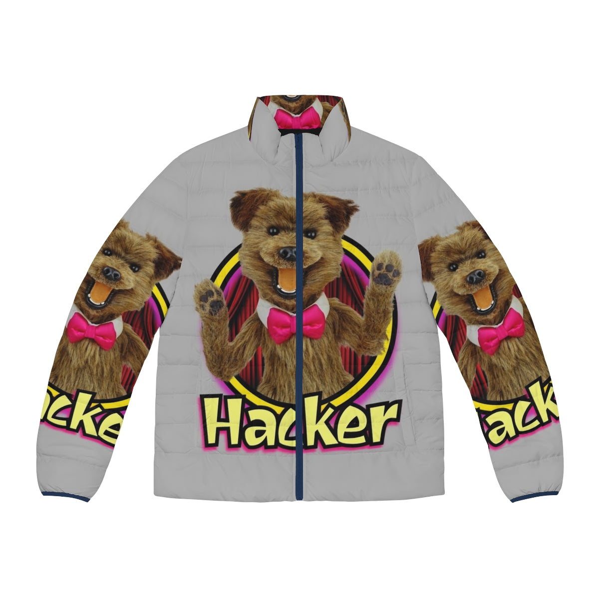 Hacker Time puffer jacket featuring a colorful retro puppet character