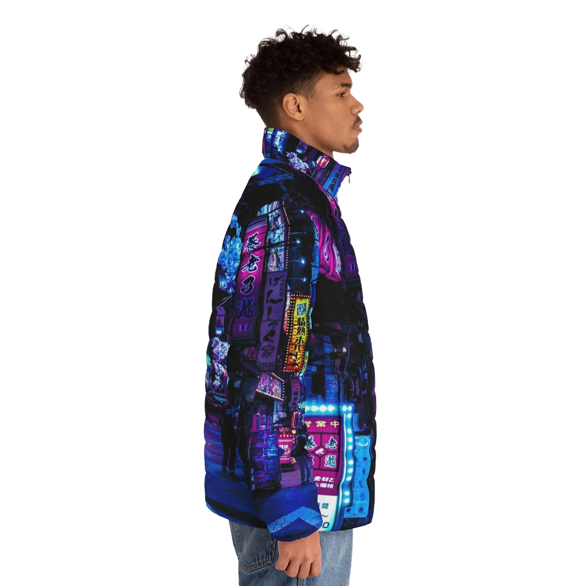 Blue puffer jacket with neon Tokyo alley print, futuristic urban fashion - men side right