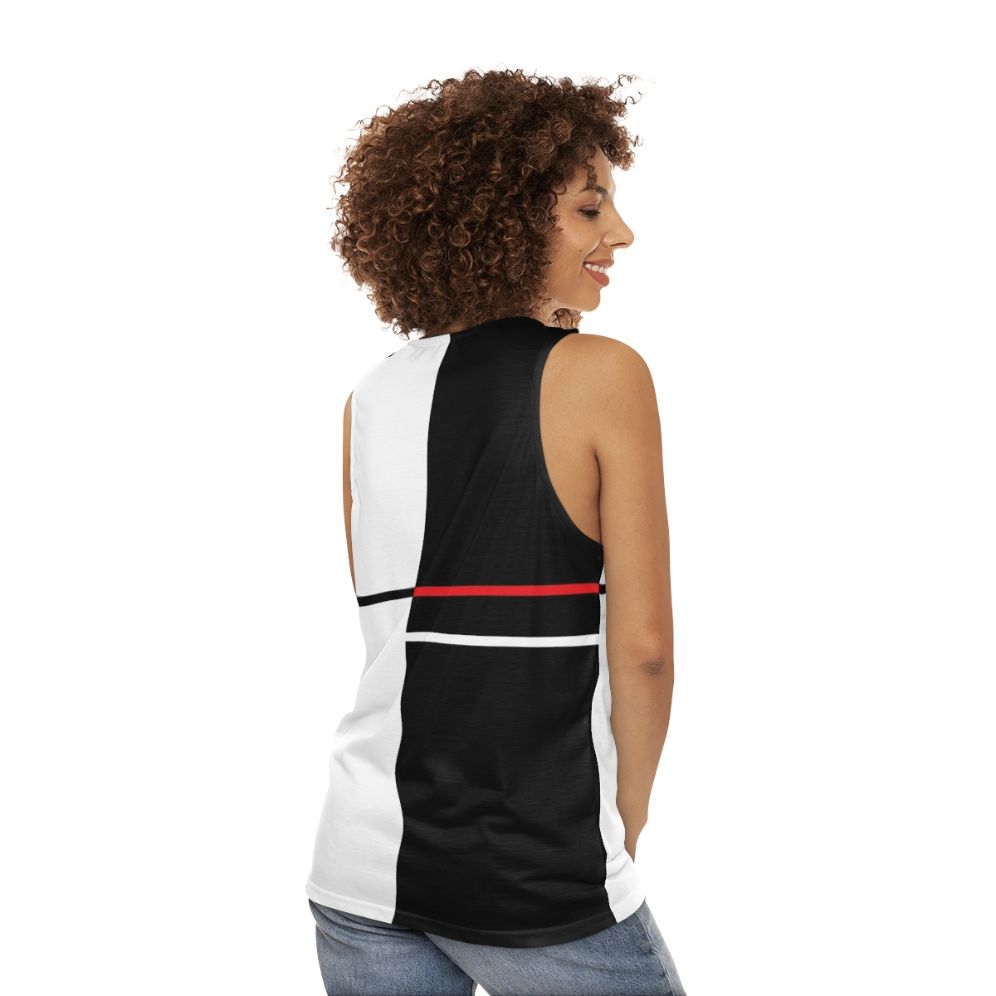 Unisex tank top with minimalist monochrome abstract art design - women back