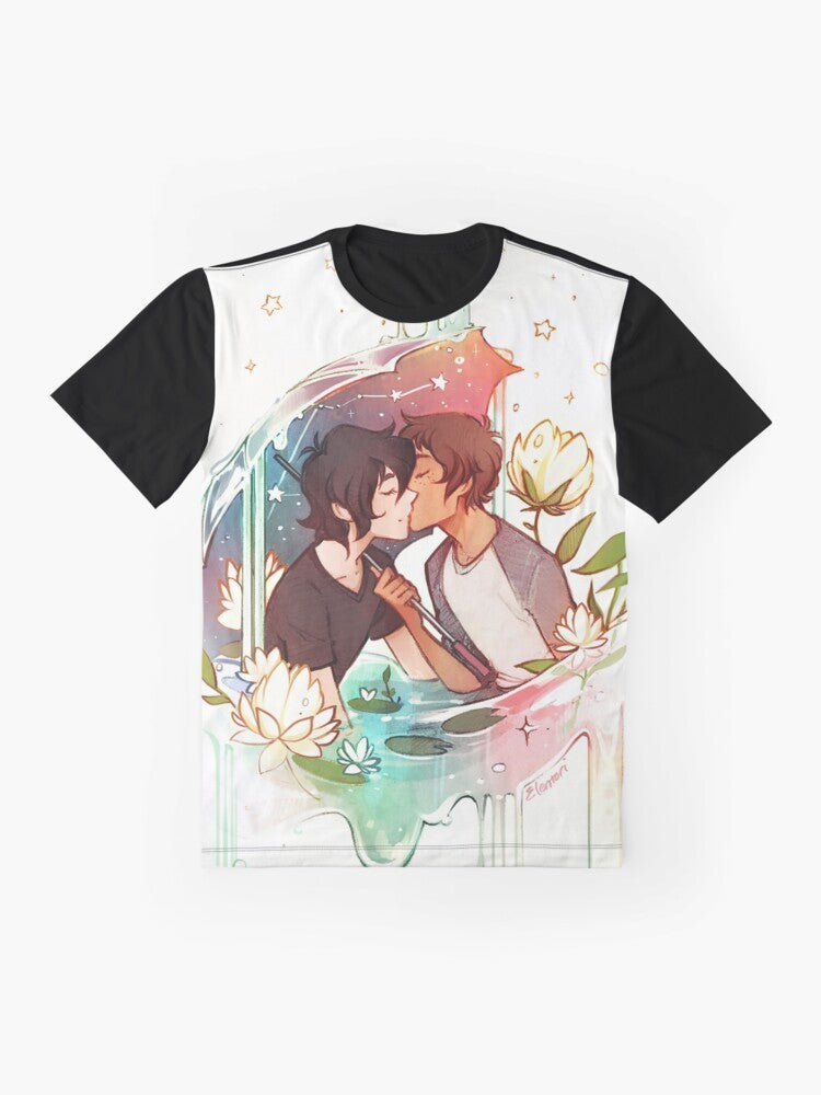 A graphic t-shirt design featuring characters from the Voltron anime series, including Keith and Lance, set against a night sky full of stars. - Flat lay