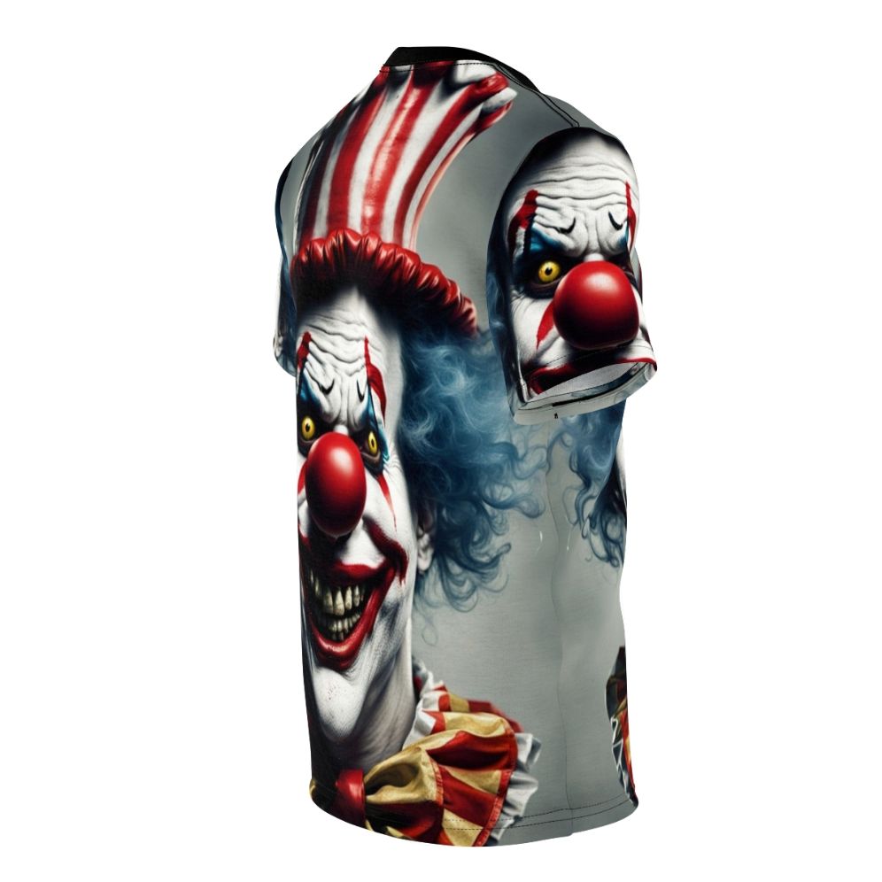 Sinister-looking clown with a creepy red nose and unsettling expression on an all-over-print t-shirt - men right