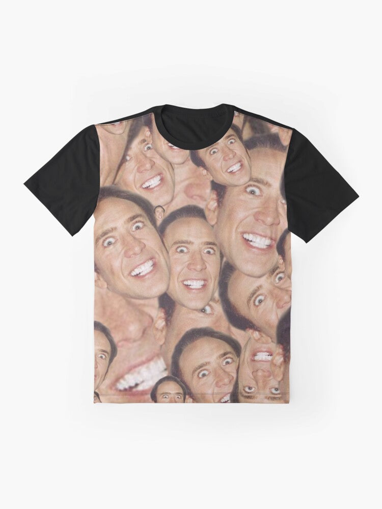 A unique graphic t-shirt featuring a collage of images of actor Nicolas Cage with his signature smile and creepy expressions. - Flat lay