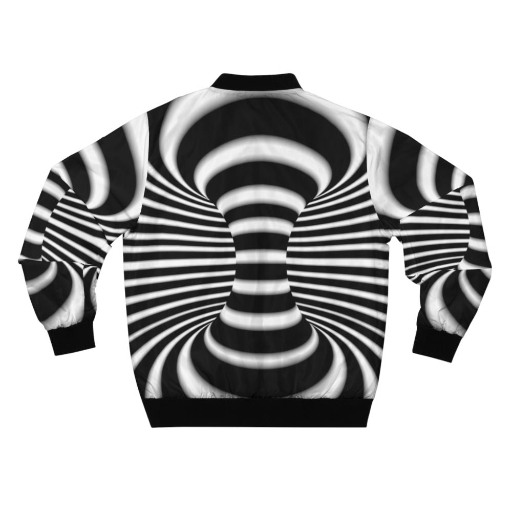 Black and white abstract optical illusion bomber jacket with 3D textile design and curved lines. - Back