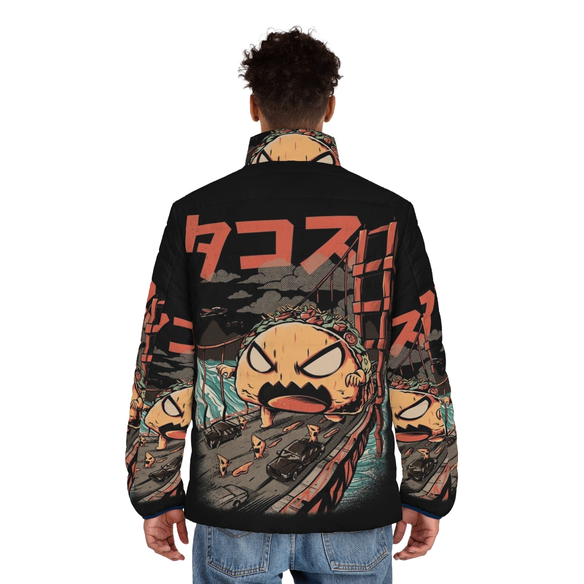 Black Takaiju puffer jacket with Japanese monster design - men back