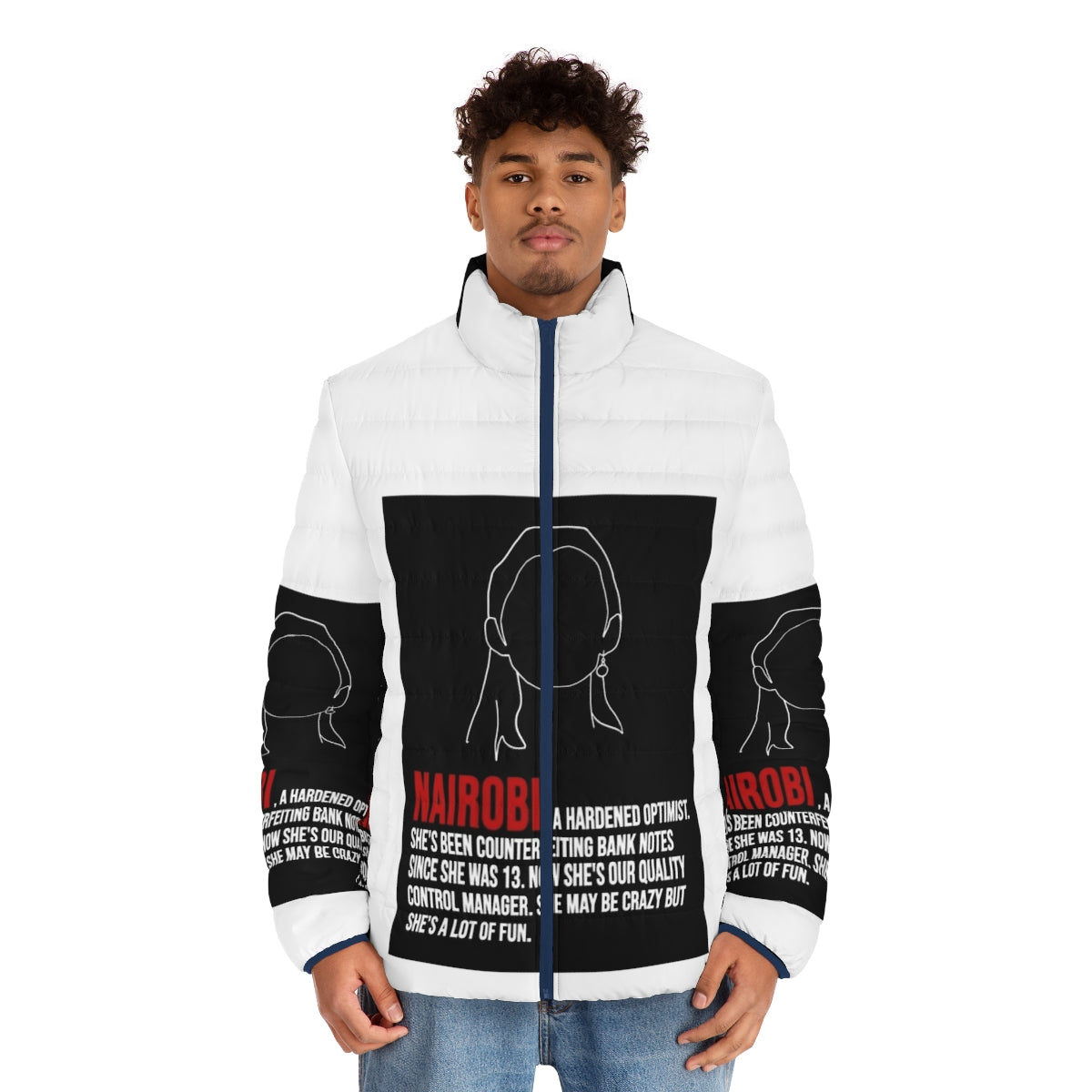 Nairobi's House of Money puffer jacket featuring lineart and quotes from the Netflix series Money Heist - men front