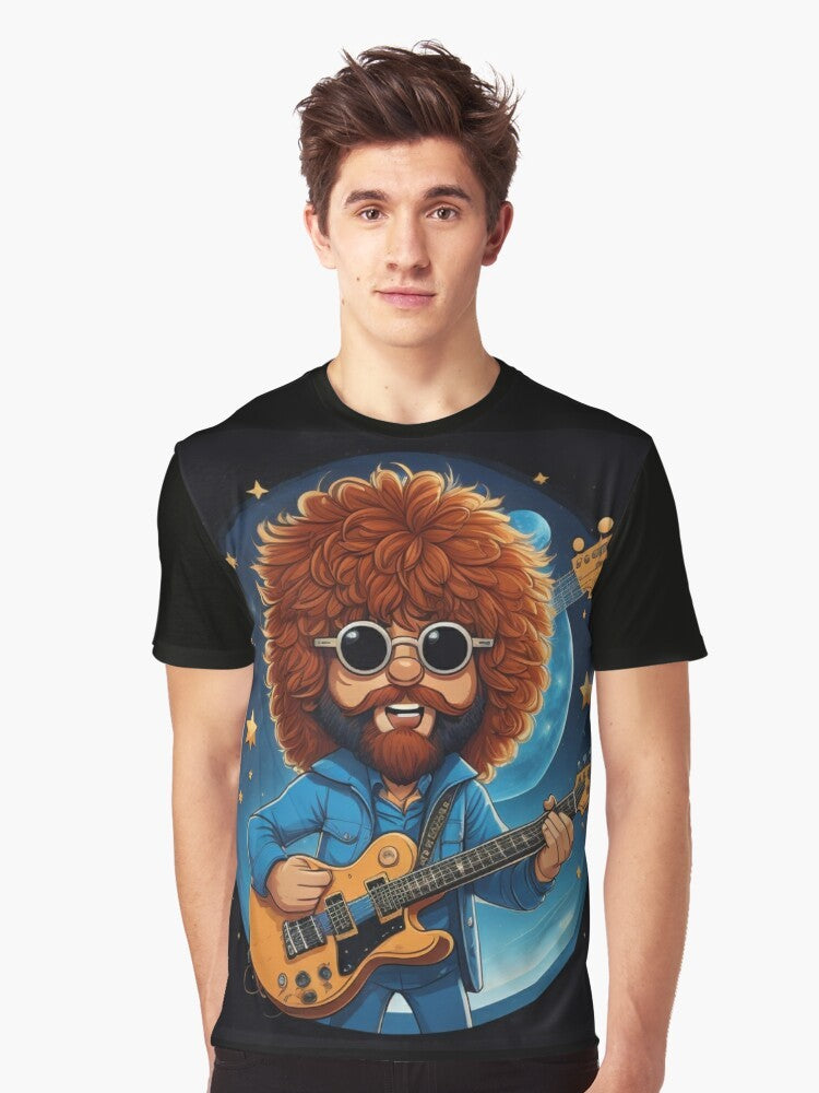 Cartoon illustration of Jeff Lynne and the Electric Light Orchestra (ELO) logo on a blue background with the 'Mr. Blue Sky' song title - Men