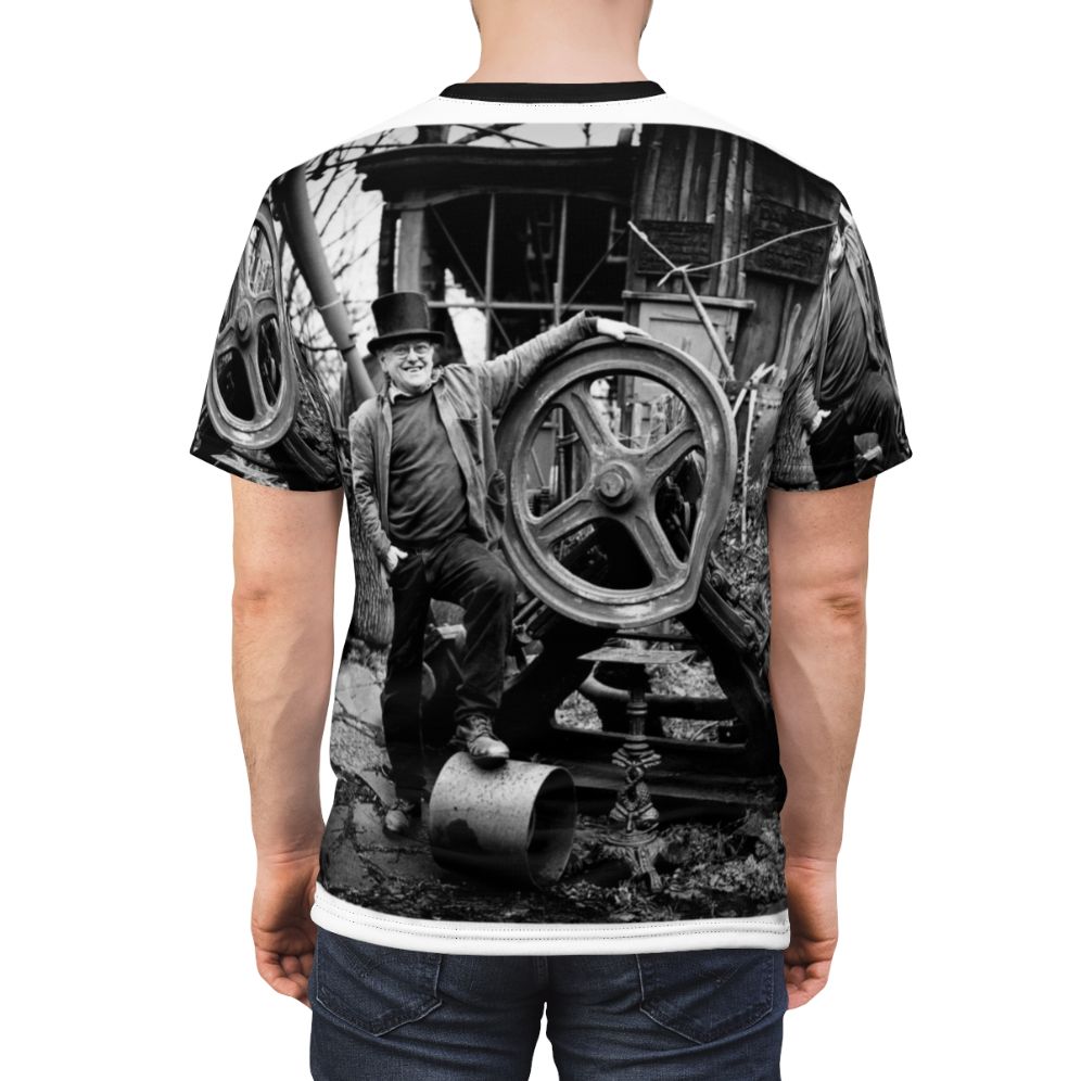 Vintage-style t-shirt with steeplejack, steam, and industrial design elements inspired by the life and work of Fred Dibnah. - men back