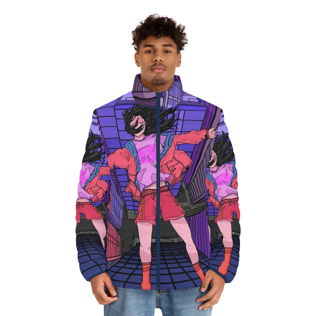 "Let Me Go" Puffer Jacket, cozy winter fashion with a vaporwave aesthetic - men front