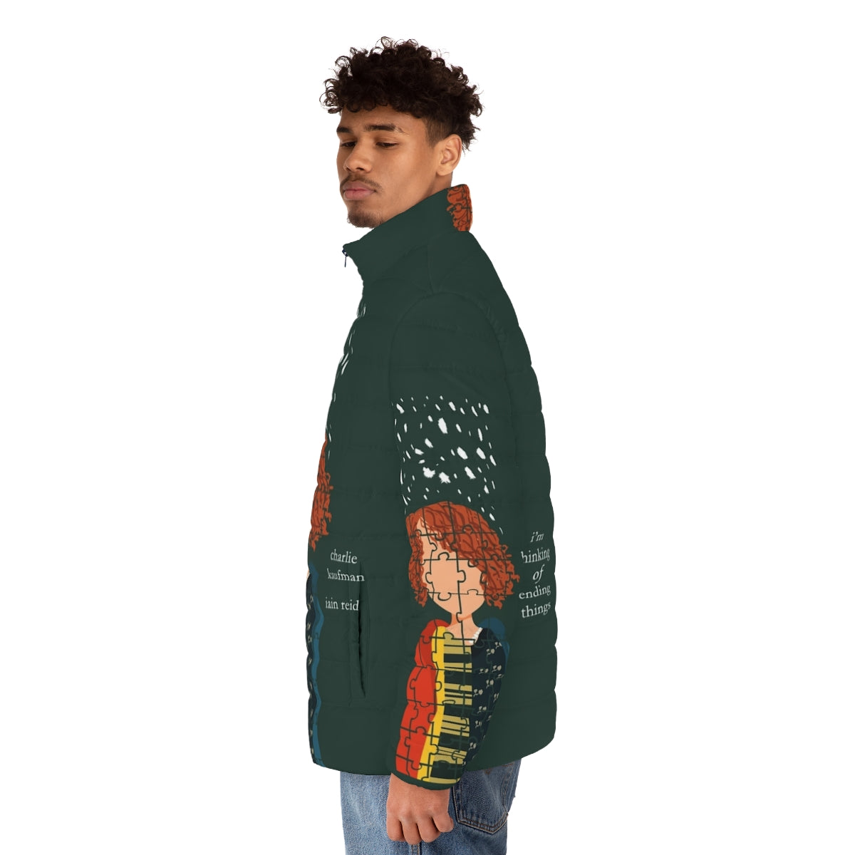 "I'm Thinking of Ending Things" Minimal Poster Puffer Jacket - men side left