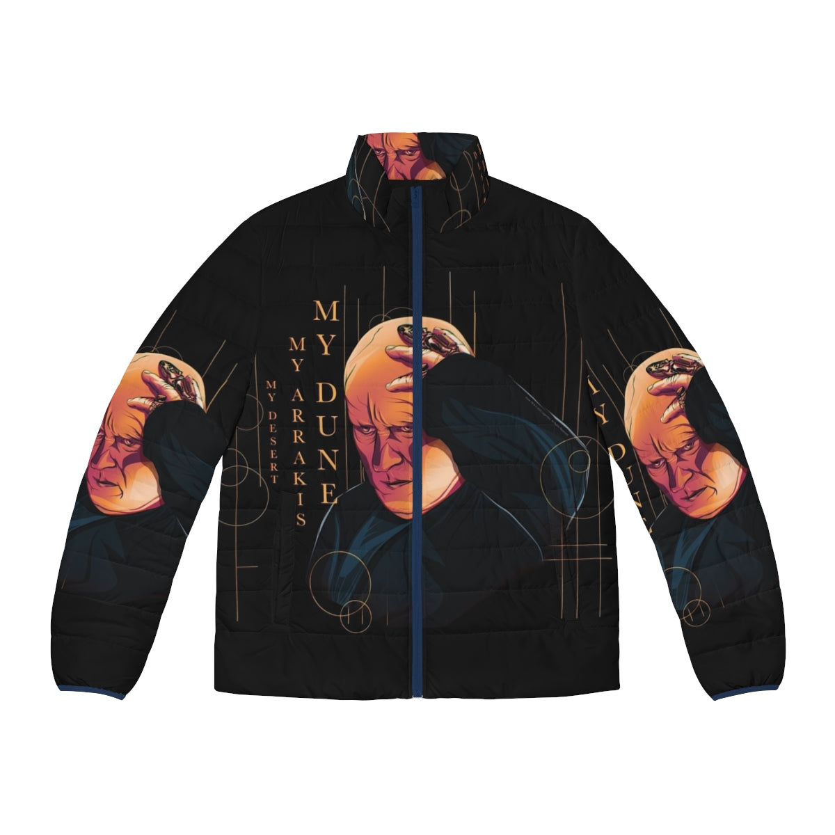 Dune Baron Harkonnen Puffer Jacket featuring shai hulud and desert planet Arrakis imagery