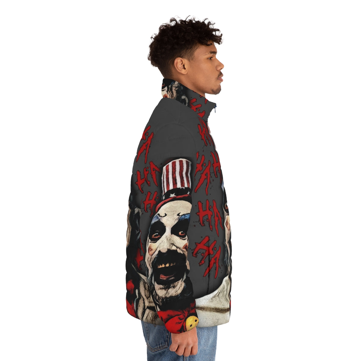 Captain Spaulding puffer jacket, featuring the iconic horror character from Rob Zombie's films - men side right