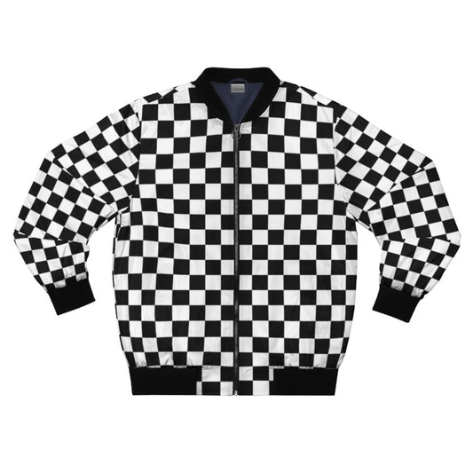 Model wearing a black and white checkered bomber jacket