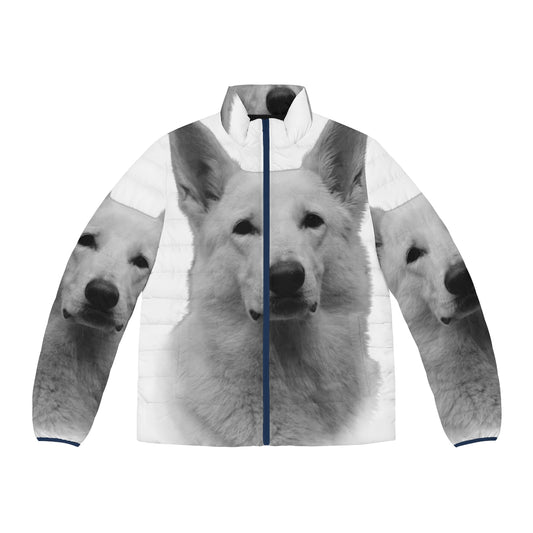 A white German shepherd wearing a fashionable puffer jacket