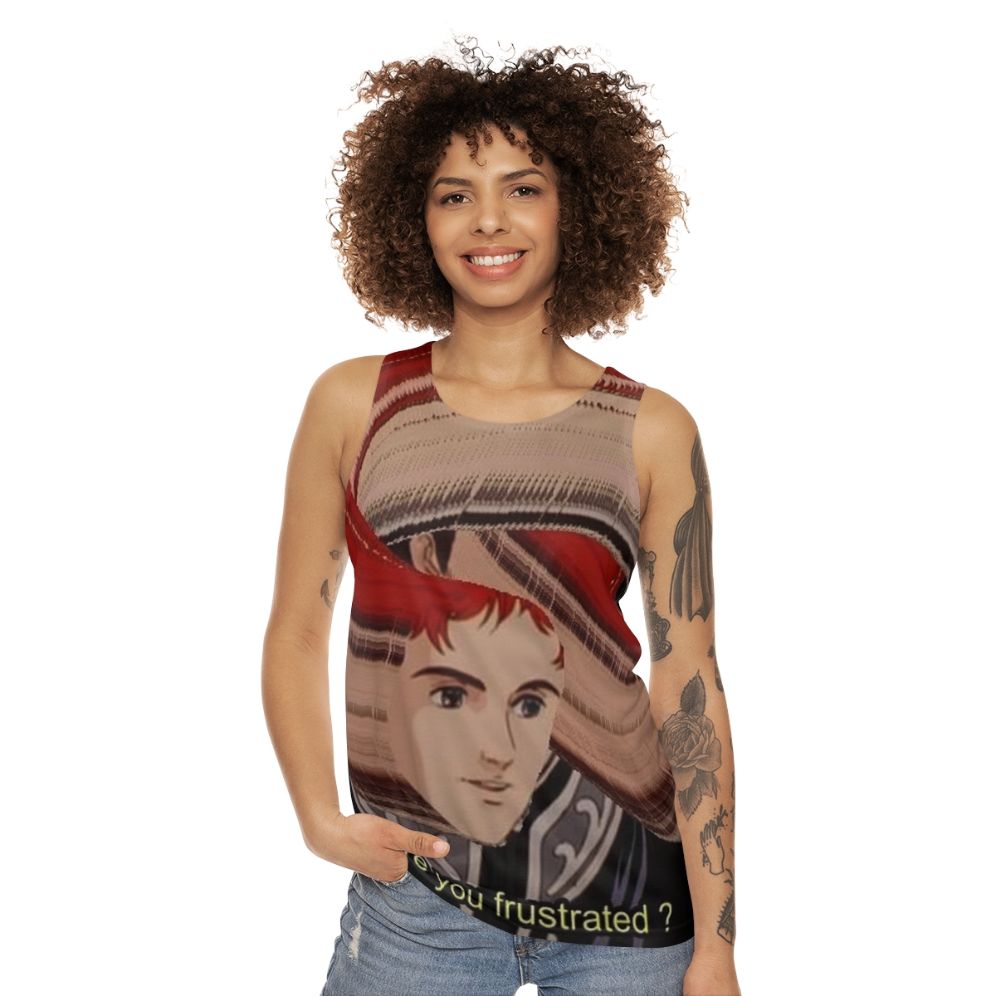 Unisex tank top with 'F R U S T R A T I O N' anime-inspired graphic design - women