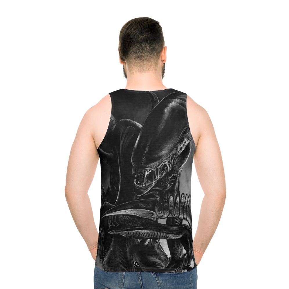 Handdrawn xenomorph alien on a unisex tank top - men back