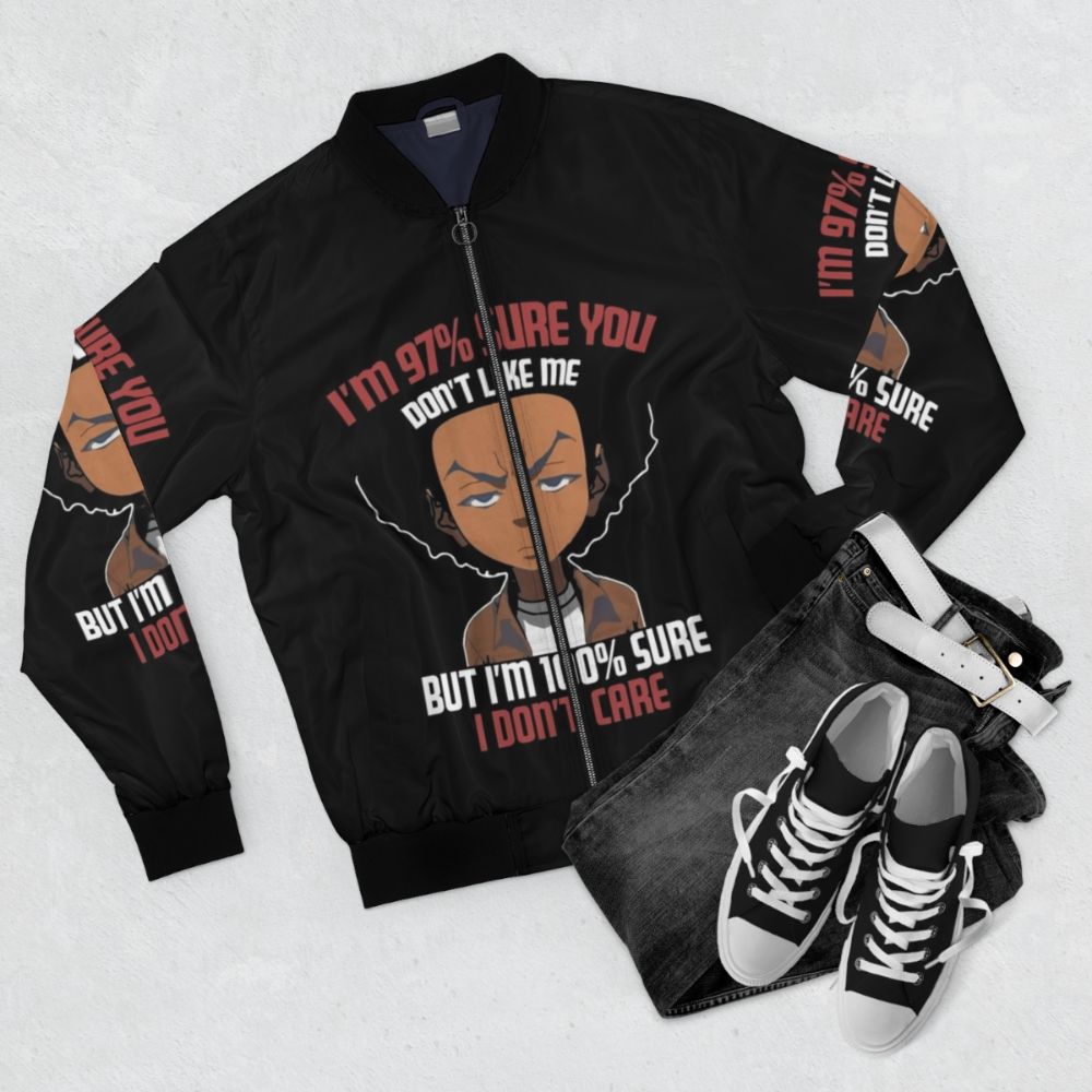 "The Boondocks" Freeman Don't Care Quote Bomber Jacket - Flat lay