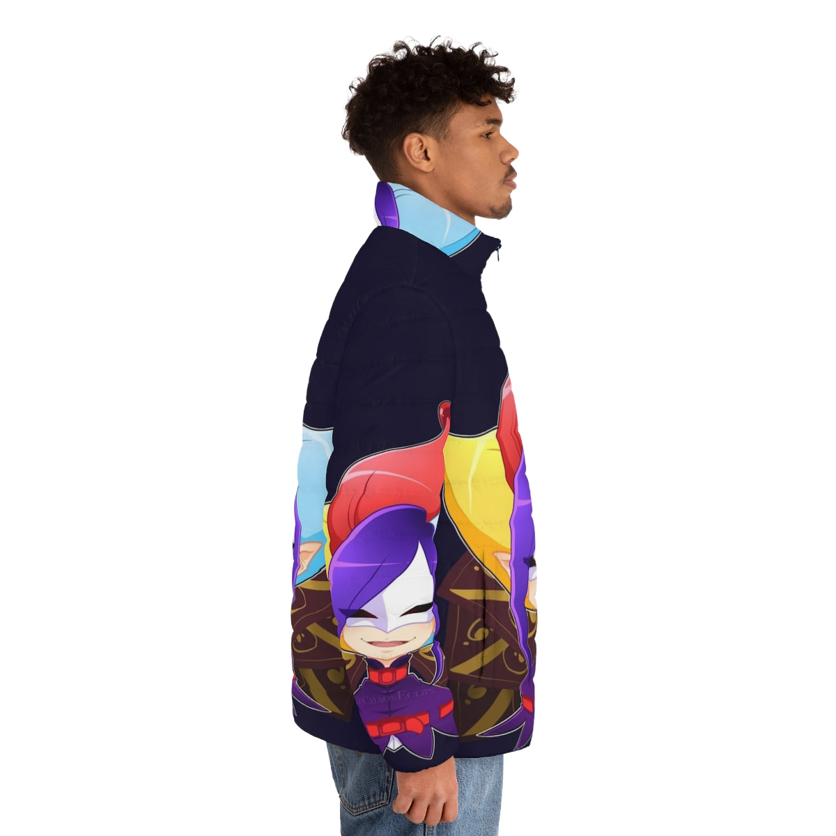 Anime-inspired puffer jacket featuring the Joker Rascal character - men side right