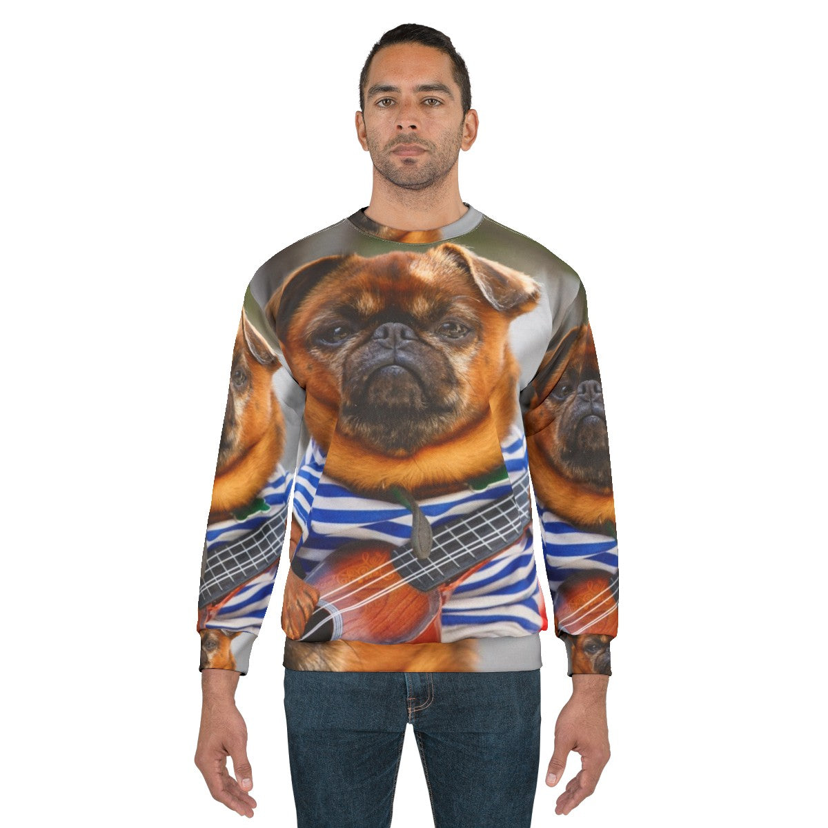 Funny pug dog playing guitar on cozy sweatshirt - men