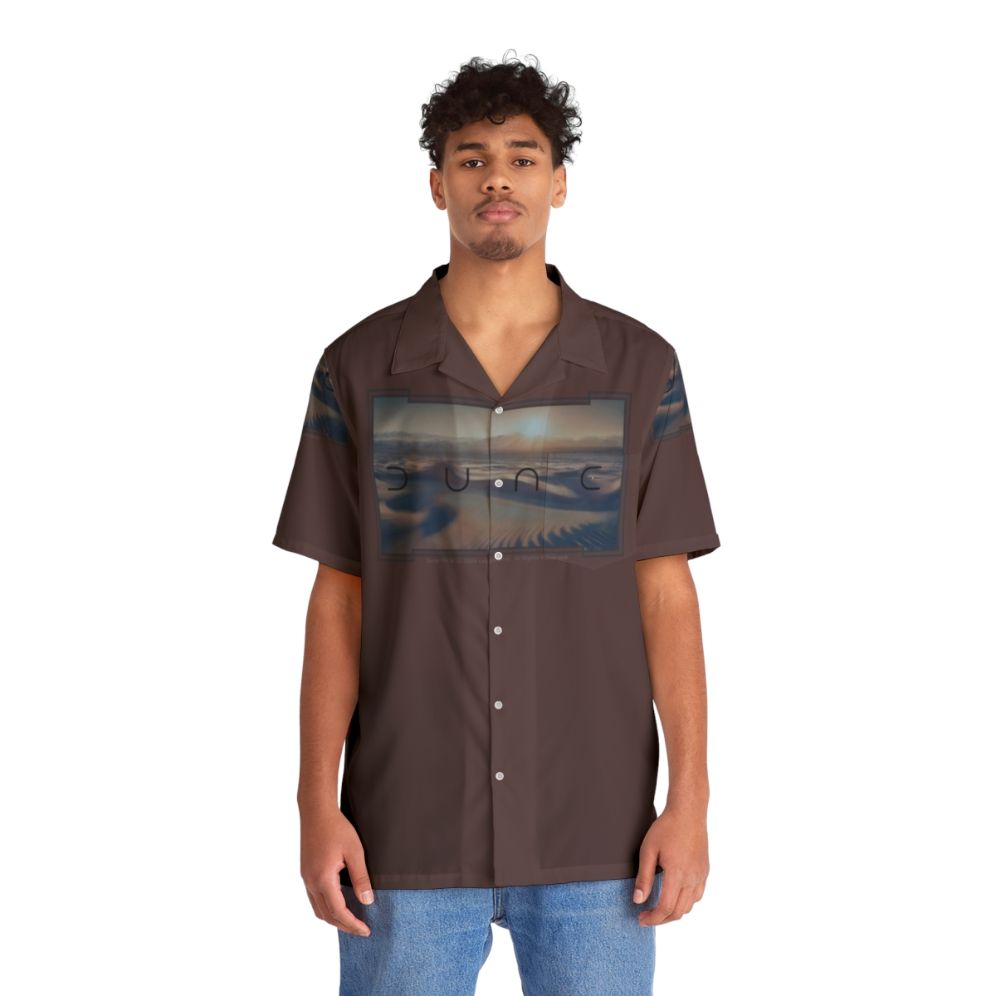 Dune-inspired Hawaiian shirt with desert theme and cinematic design - People Front