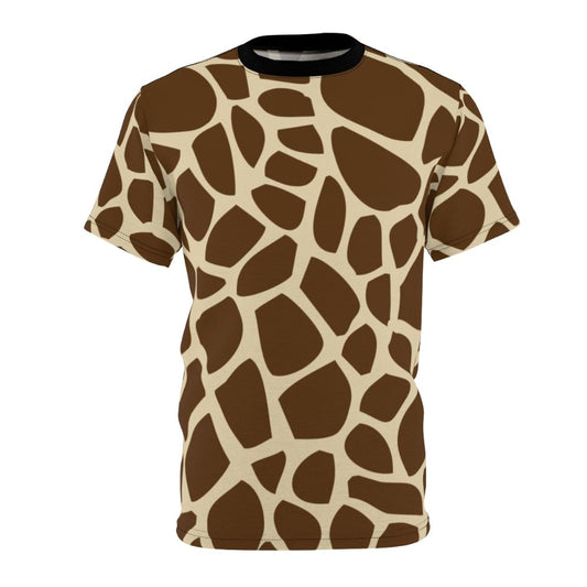 Model wearing a t-shirt featuring a vibrant giraffe pattern design inspired by natural animal fur textures and wildlife.