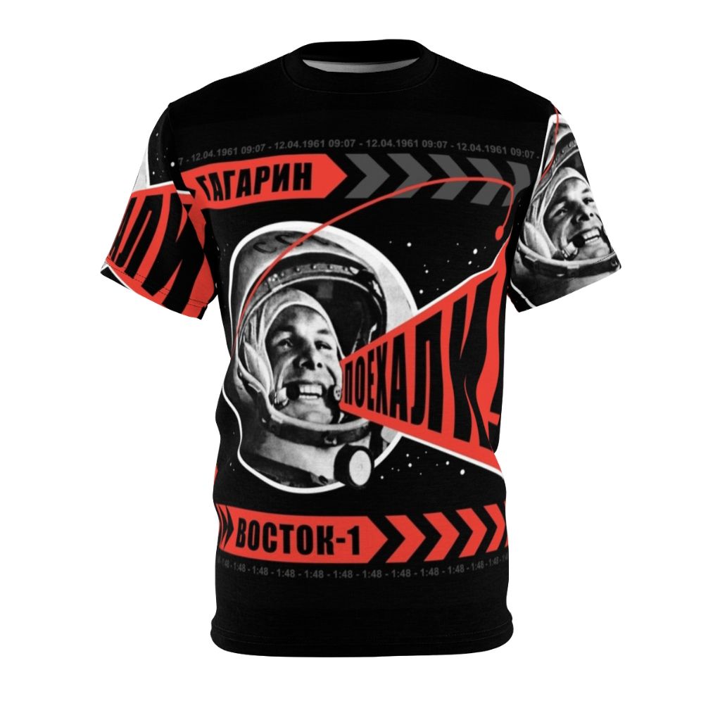 Retro-style t-shirt featuring the iconic "Poyekhali" space art design by Alexander Rodchenko, celebrating the Soviet space program and Yuri Gagarin's historic flight.