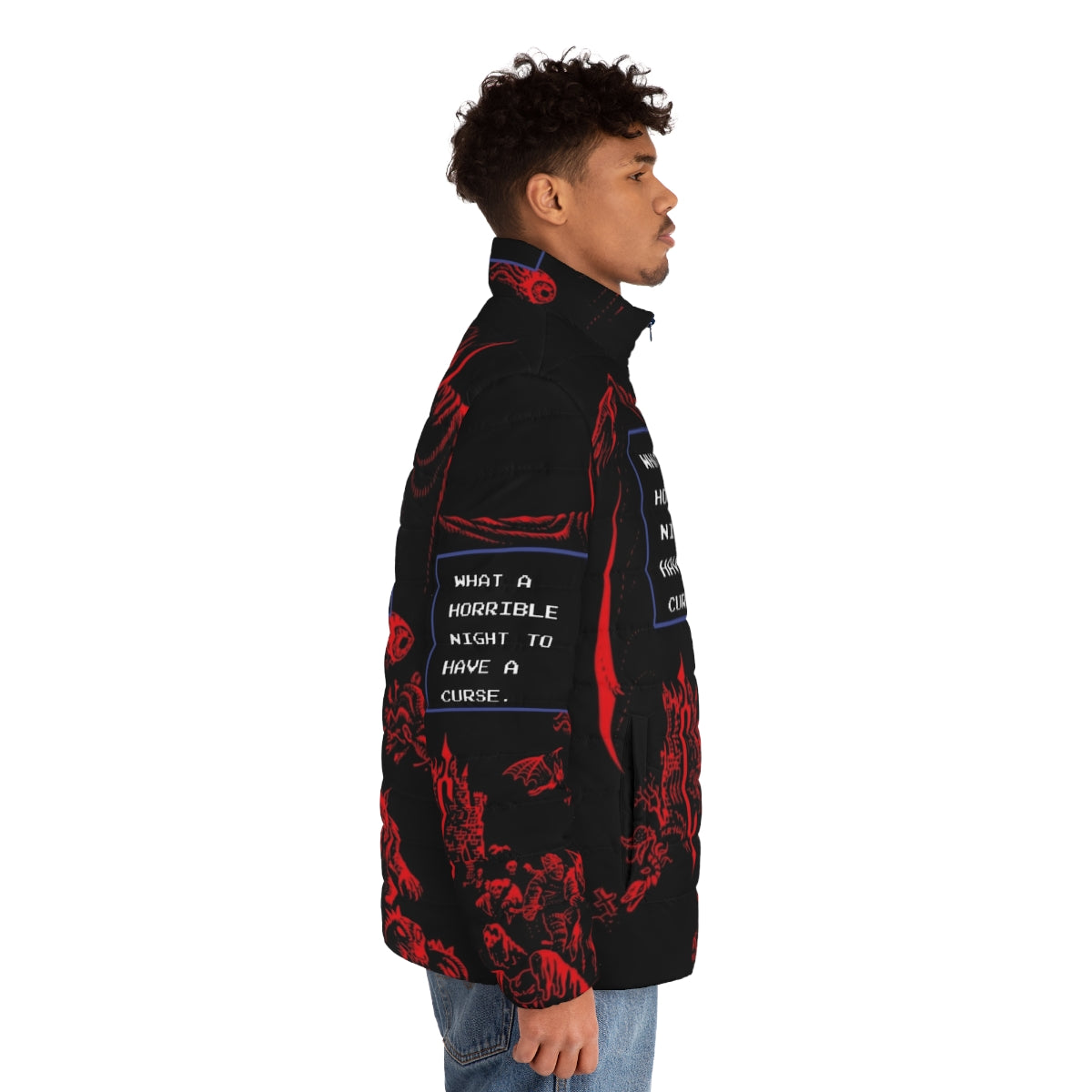 A puffer jacket with a gothic, Castlevania-inspired design featuring Dracula and other iconic horror elements. - men side right