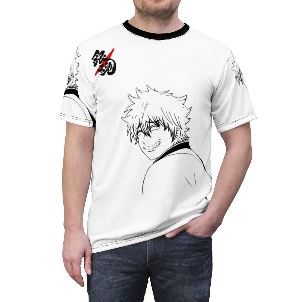 Anime t-shirt featuring the beloved character Gintoki from the popular series Gintama, showcasing his famous smile. - men front